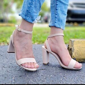 Womens Ankle Strap Chunky Block Heel Dress Sandals Nude Color
